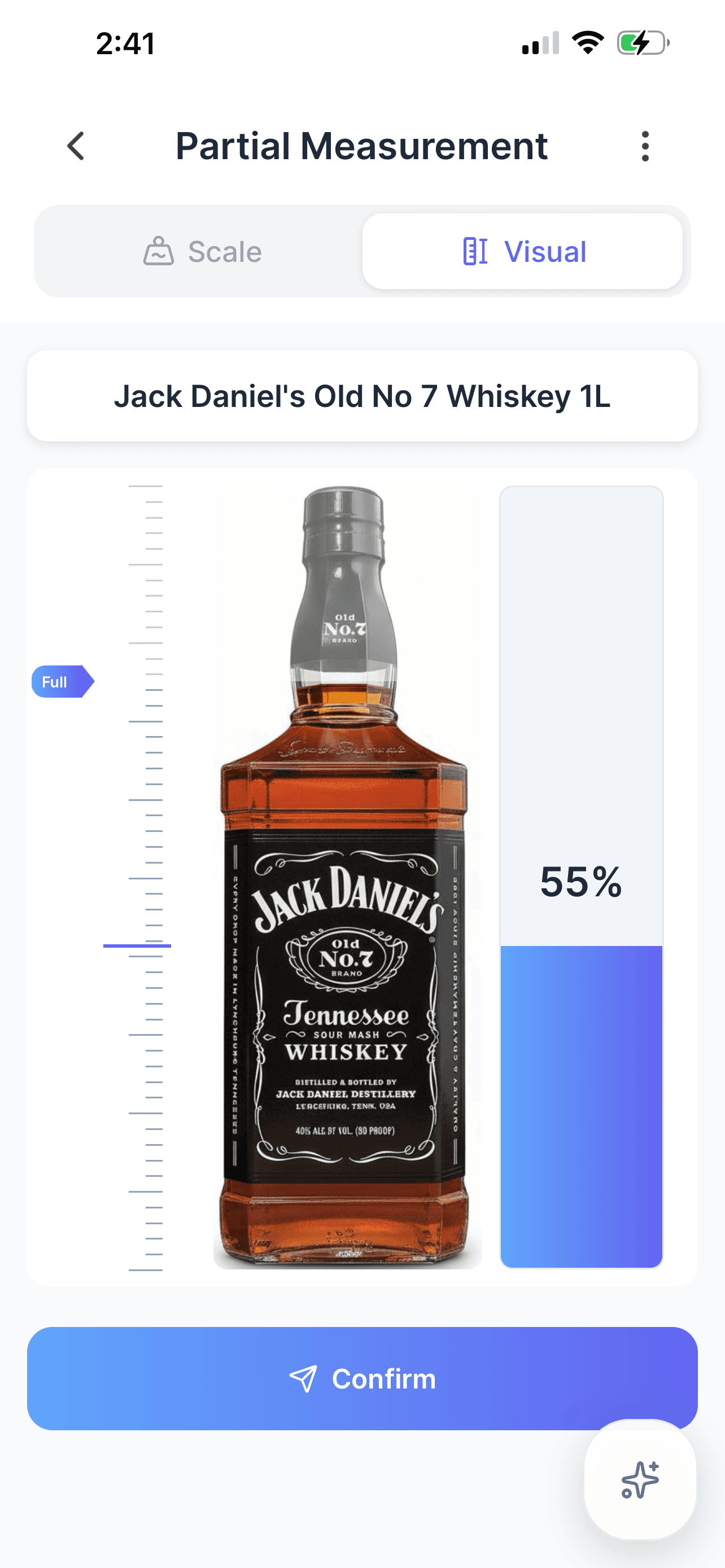 The Tare app estimating a partially used bottle of Jack Daniel's at 55 percent