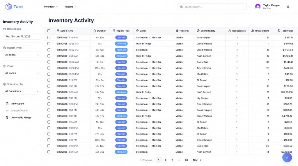 Tare desktop inventory activity showing recent counts, transfers, and receiving reports