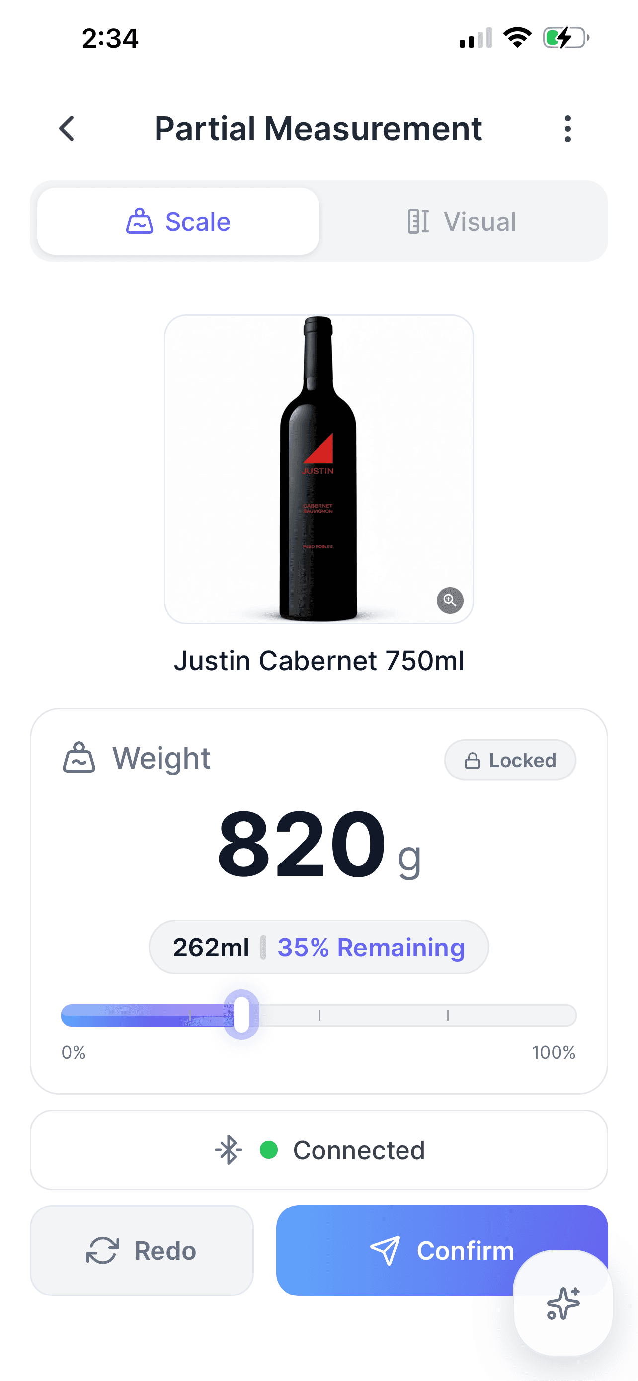 Tare mobile app connected to a Bluetooth scale for partial container measurement