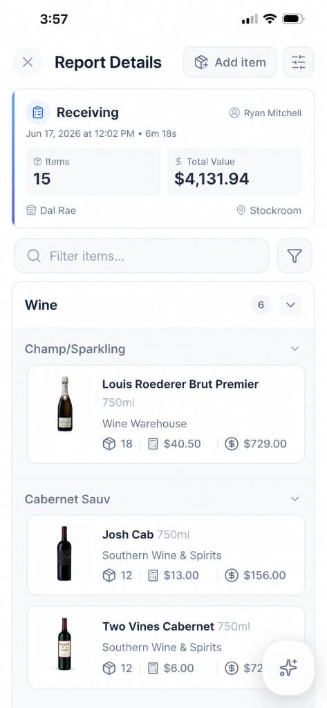 Tare mobile app showing a receiving report with wine line items and AI assistant