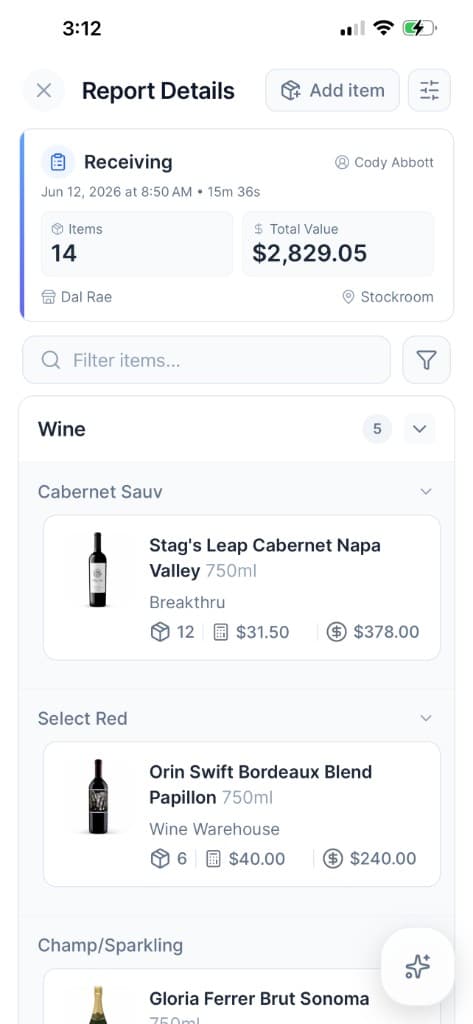 Tare receiving report with matched wine line items from the scanned invoice