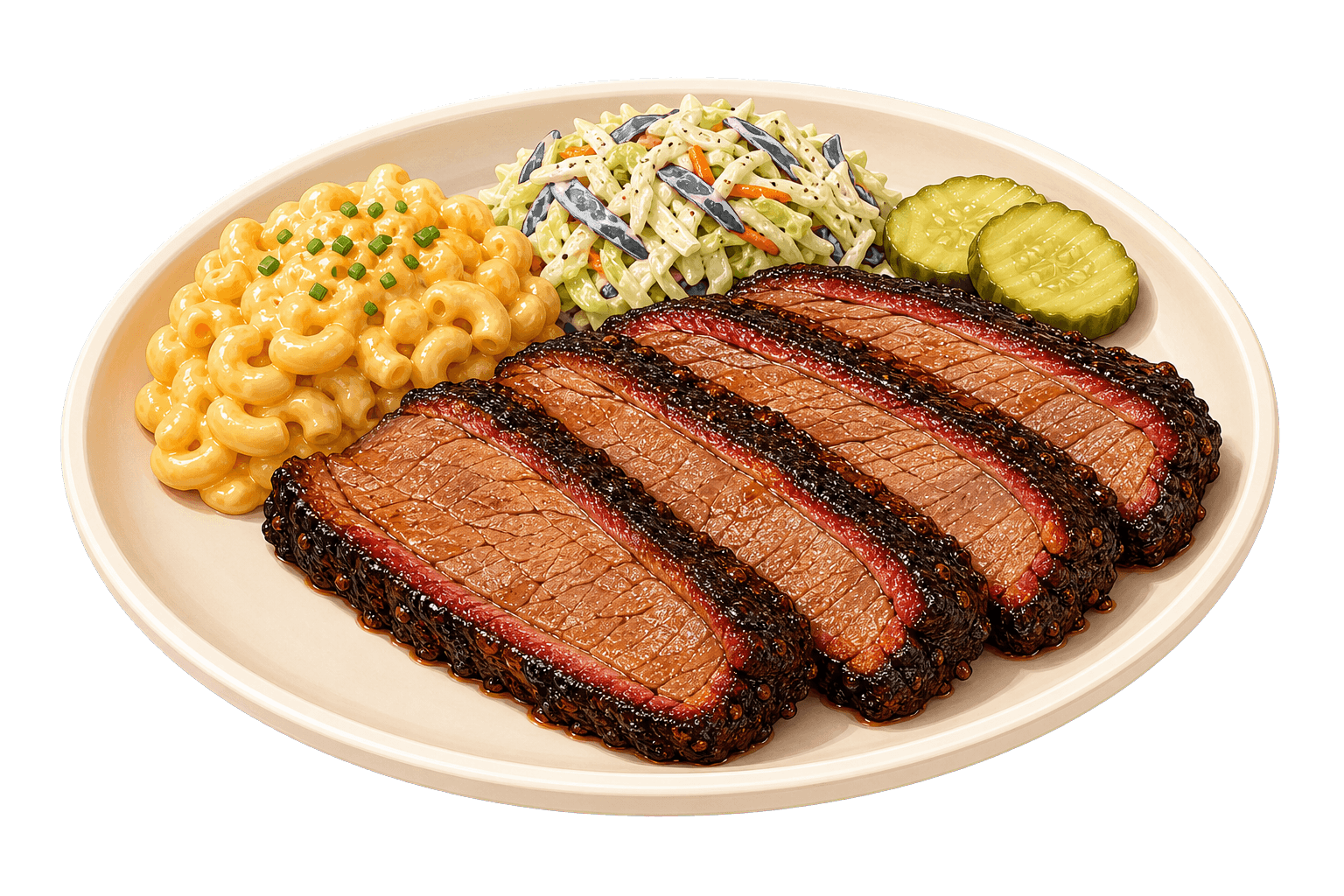 Smoked brisket plate with macaroni and cheese, coleslaw, and pickles